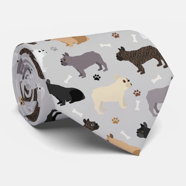 French Bulldog Bones and Paws Gray Neck Tie (Rolled)
