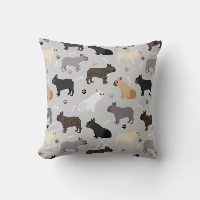 French Bulldog Bones and Paws Gray Throw Pillow (Front)