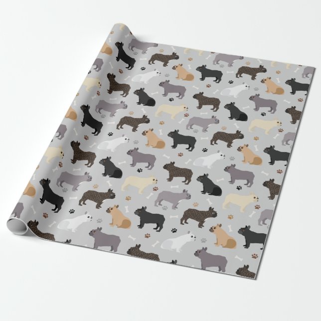 French Bulldog Bones and Paws Gray Wrapping Paper (Unrolled)
