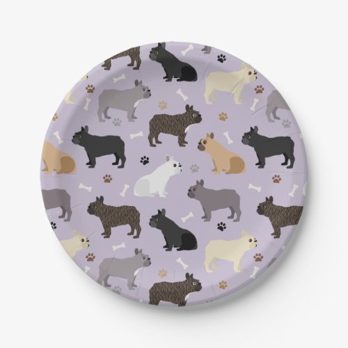 French Bulldog Bones and Paws Purple Paper Plates