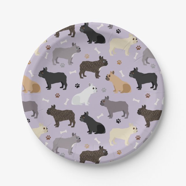 French Bulldog Bones and Paws Purple Paper Plates (Front)