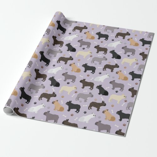 French Bulldog Bones and Paws Purple Wrapping Paper