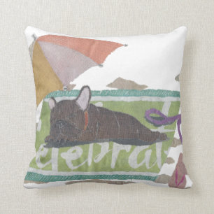 French Bulldog, Brindle Frenchie, Colorful, Beach Throw Pillow