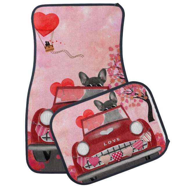 French Bulldog Car with Hearts Valentine's  Car Floor Mat (Set)