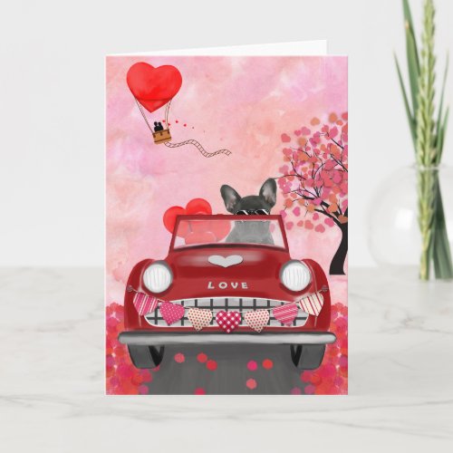 French Bulldog Car with Hearts Valentines Card