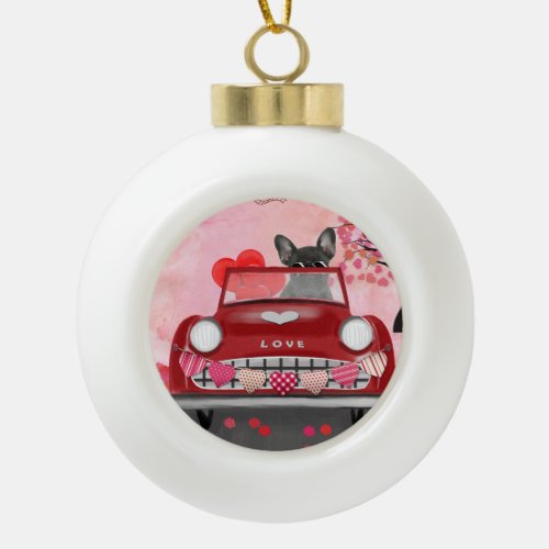 French Bulldog Car with Hearts Valentines Ceramic Ball Christmas Ornament