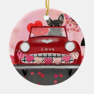 French Bulldog Car with Hearts Valentine's Ceramic Ornament