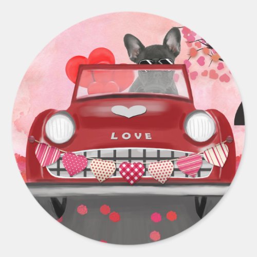French Bulldog Car with Hearts Valentines Classic Round Sticker