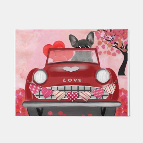 French Bulldog Car with Hearts Valentines  Doormat