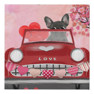 French Bulldog Car with Hearts Valentine's Faux Canvas Print
