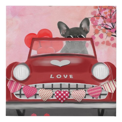 French Bulldog Car with Hearts Valentines  Faux Canvas Print