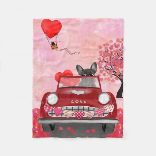 French Bulldog Car with Hearts Valentines  Fleece Blanket