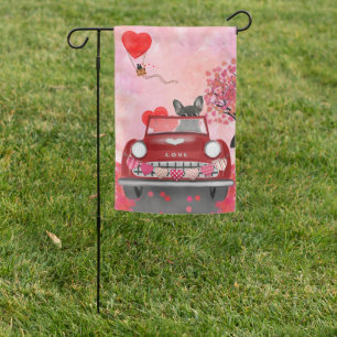 French Bulldog Car with Hearts Valentine's Garden Flag