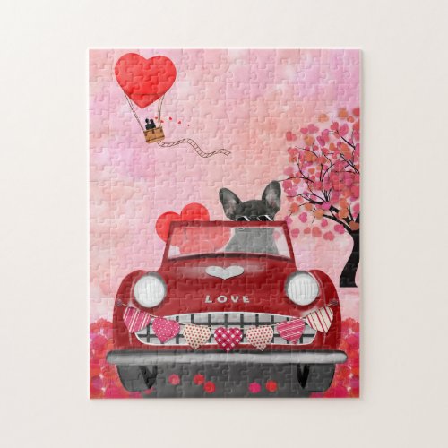 French Bulldog Car with Hearts Valentines  Jigsaw Puzzle