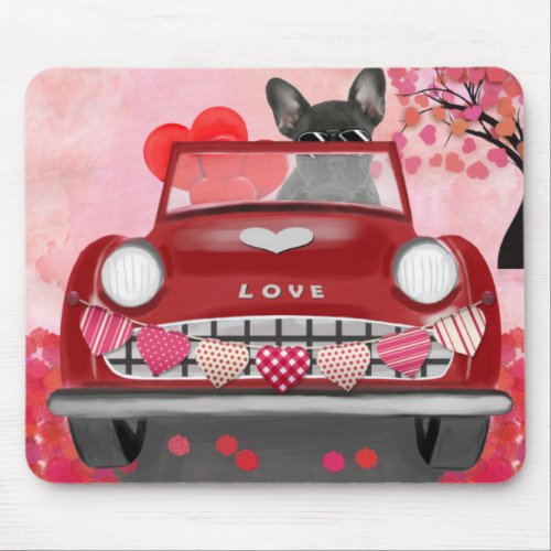 French Bulldog Car with Hearts Valentines  Mouse Pad