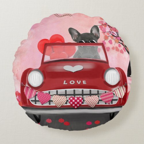 French Bulldog Car with Hearts Valentines  Round Pillow