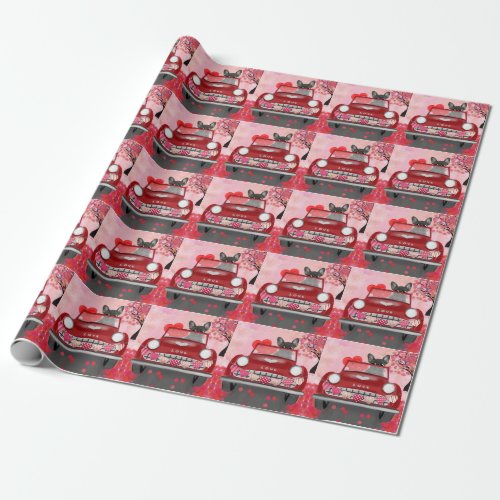 French Bulldog Car with Hearts Valentines  Wrapping Paper