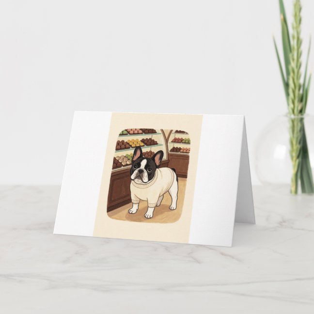 French Bulldog Chocolate shop visit Greeting Card