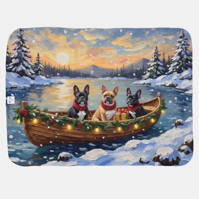 French Bulldog Christmas Boat Holiday Baby Blanket (Back Horizontal)
