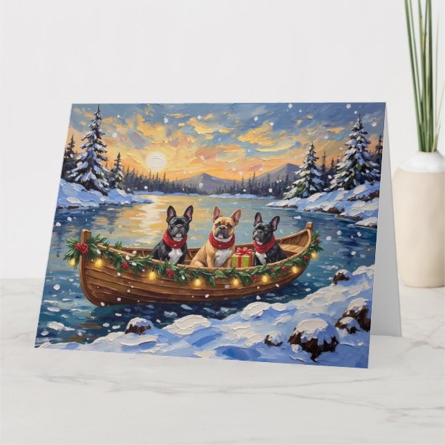 French Bulldog Christmas Boat Holiday Card (Front)