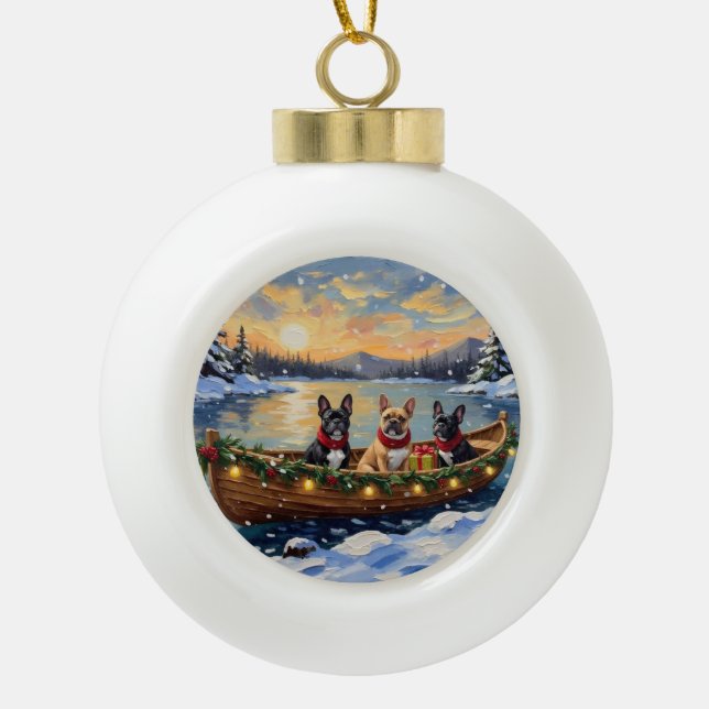French Bulldog Christmas Boat Holiday Ceramic Ball Christmas Ornament (Front)