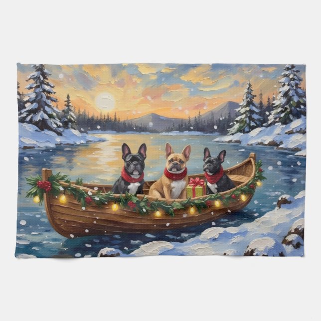 French Bulldog Christmas Boat Holiday Kitchen Towel (Horizontal)