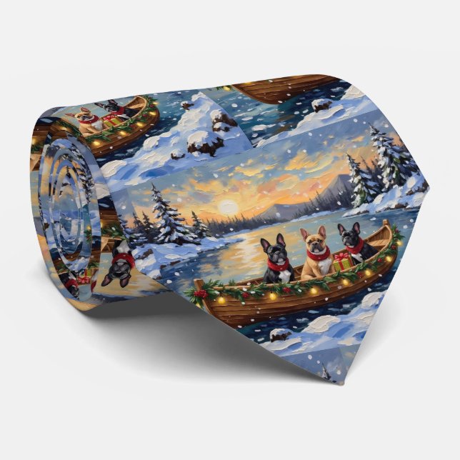 French Bulldog Christmas Boat Holiday Neck Tie (Rolled)