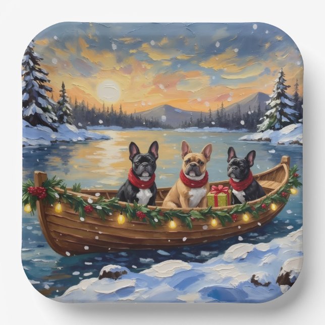 French Bulldog Christmas Boat Holiday Paper Plates (Front)