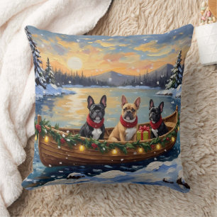 French Bulldog Christmas Boat Holiday Throw Pillow