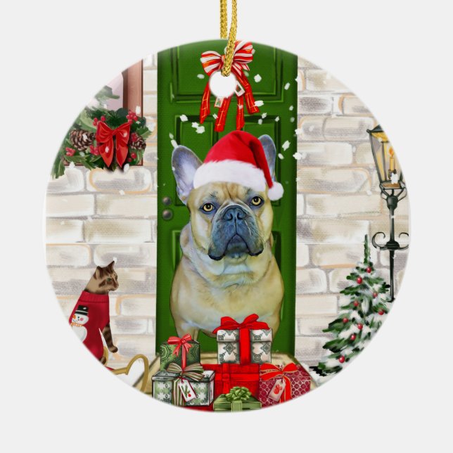 French Bulldog Christmas  Ceramic Ornament (Front)