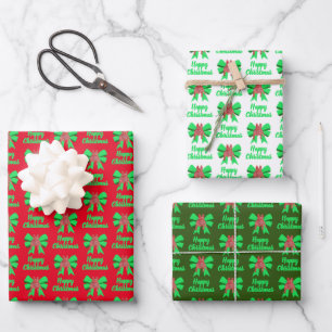 French Bulldog Christmas Dog & Green Bow 3 Color Wrapping Paper Sheets