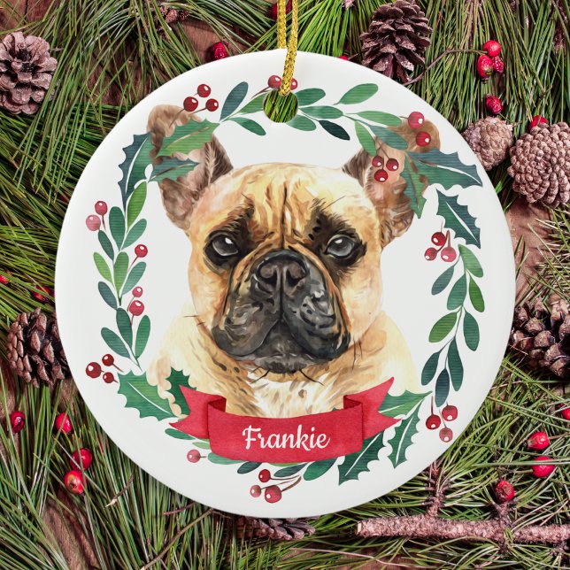 French Bulldog Christmas Elegant Watercolor Dog Ceramic Ornament (Creator Uploaded)