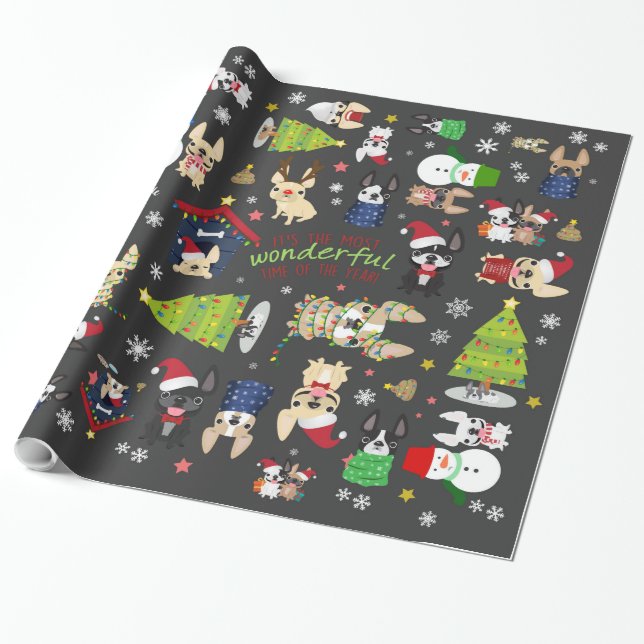 French Bulldog Christmas Holiday Wrapping Paper (Unrolled)