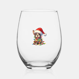 French Bulldog Christmas Lights Santa Hat Boys Gir Stemless Wine Glass