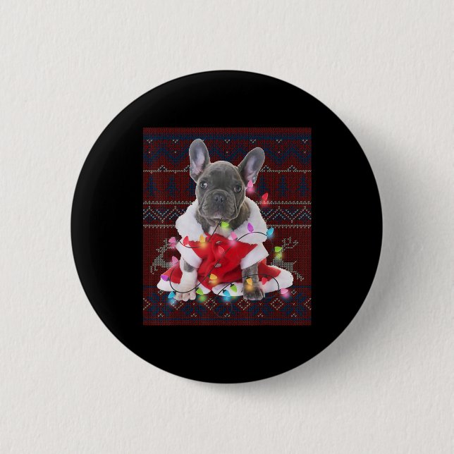 French Bulldog Christmas Lights Ugly Sweater Dog Button (Front)