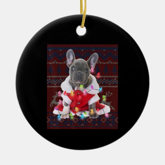 French Bulldog Christmas Lights Ugly Sweater Dog Ceramic Ornament (Front)