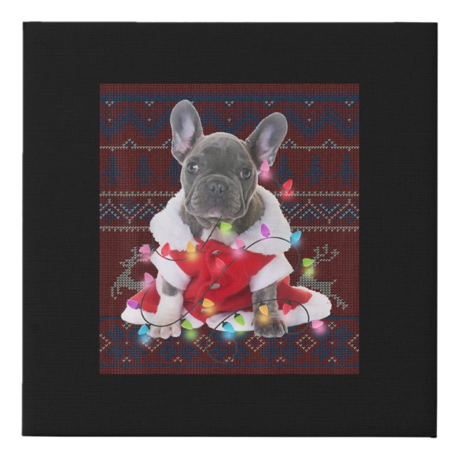 French Bulldog Christmas Lights Ugly Sweater Dog Faux Canvas Print (Front)