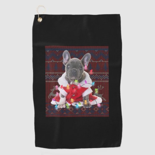 French Bulldog Christmas Lights Ugly Sweater Dog Golf Towel