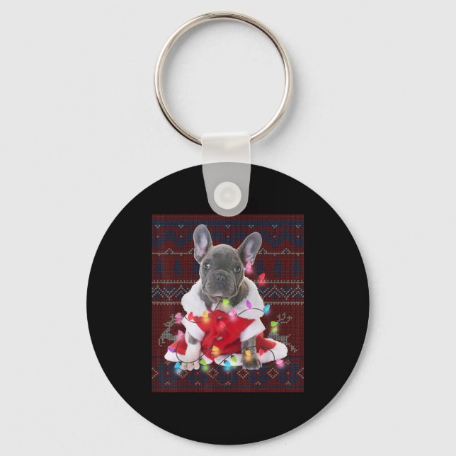 French Bulldog Christmas Lights Ugly Sweater Dog Keychain (Front)