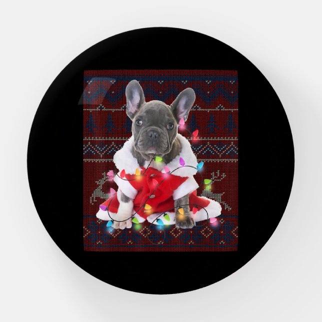French Bulldog Christmas Lights Ugly Sweater Dog Paperweight (Front)