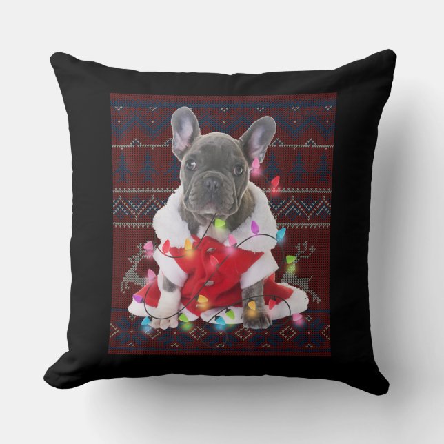 French Bulldog Christmas Lights Ugly Sweater Dog Throw Pillow (Front)