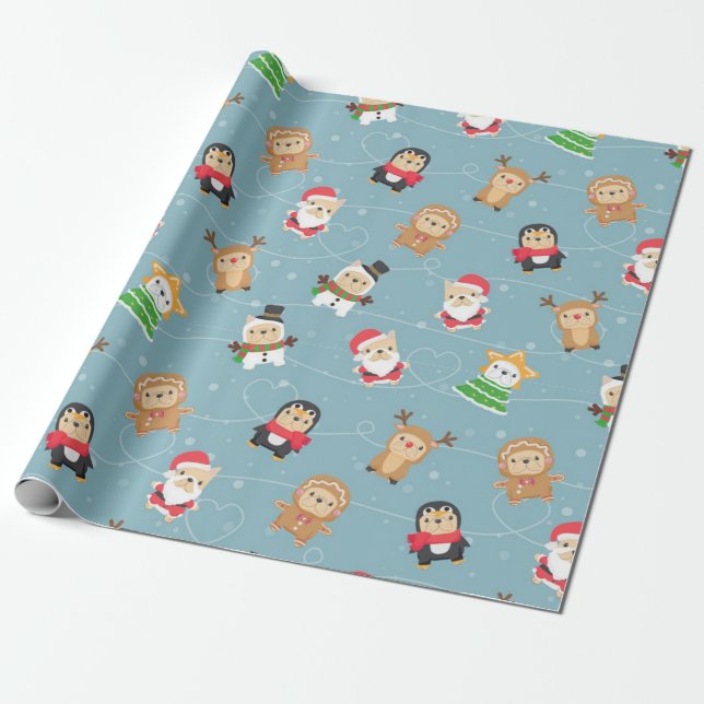 French Bulldog Christmas Pattern Wrapping Paper (Unrolled)