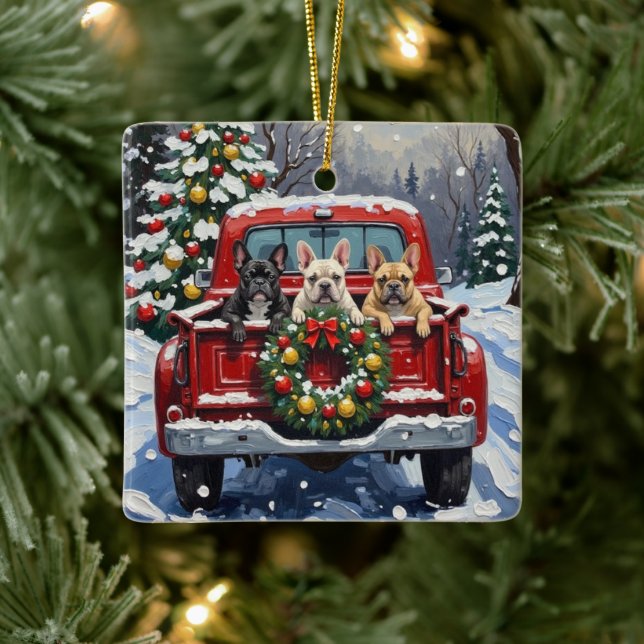 French Bulldog Christmas Red Truck Holiday Ceramic Ornament (Tree)