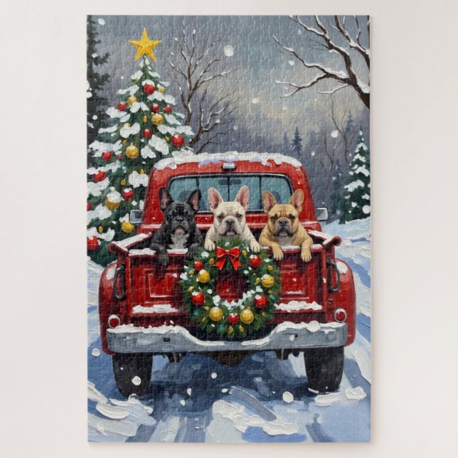 French Bulldog Christmas Red Truck Holiday Jigsaw Puzzle (Vertical)