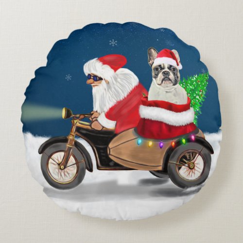 French Bulldog Christmas Santa Claus  Round Pillow