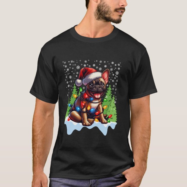 French Bulldog Christmas Santa Hat Lights Tree Sno T-Shirt (Front)