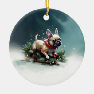 French Bulldog Christmas snow winter Ceramic Ornament