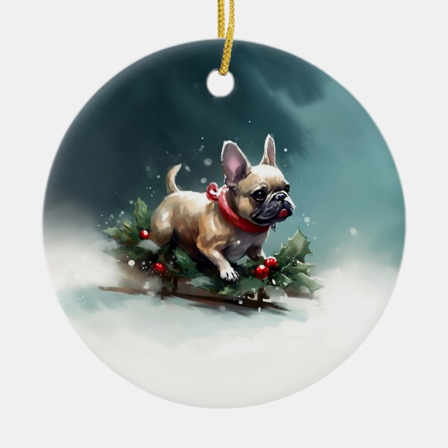 French Bulldog Christmas snow winter  Ceramic Ornament (Front)