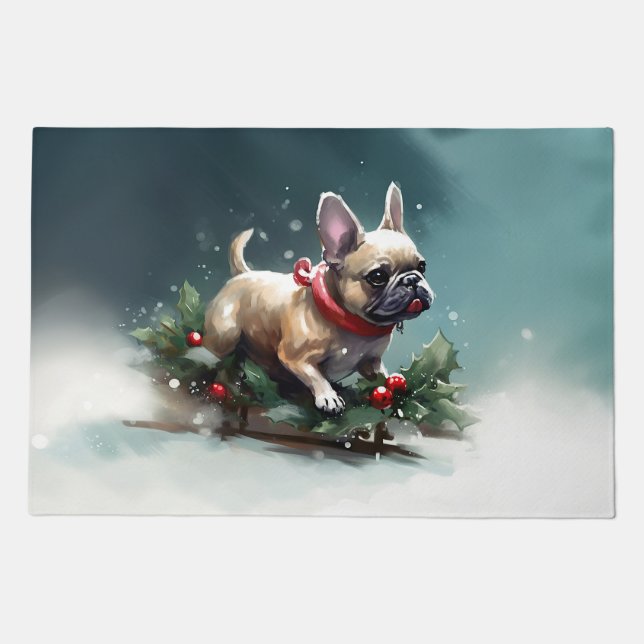 French Bulldog Christmas snow winter  Doormat (Front)