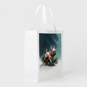 French Bulldog Christmas snow winter  Grocery Bag